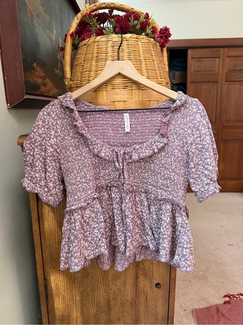 American Eagle Outfitters Mauve Floral Ruffle Peplum Blouse